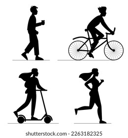 Vector  silhouette illustration in flat design of people engaged in various sports. Running, walking, cycling. World health day. Healthy lifestyle