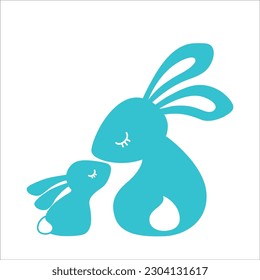 Vector silhouette illustration of a funny family of rabbits. Silhouette of a mother rabbit kissing her baby. Design for Mother's Day, Easter bunny, logo, icon