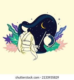 Vector silhouette illustration of a girl wearing a kimono and carrying a lantern