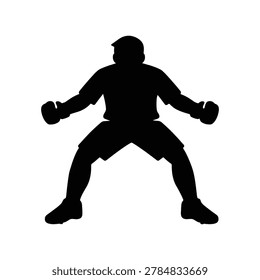 Vector silhouette illustration of a goalkeeper in a ready defensive stance for football positioning, isolated on a white background. Perfect for football goalkeeper design resources, positioning guides, keeper stance graphics, and defensive readiness illustration materials.