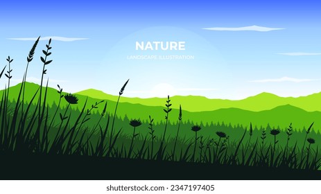 Vector silhouette illustration of grass on mountains background. Vector landscape illustration for poster, picture, design, background, wallpaper