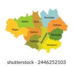 Vector silhouette illustration Greater Manchester map in North West England isolated. United Kingdom. British territory. Administrative division of Great Manchester territory. Infographic colorful map