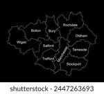 Vector silhouette illustration Greater Manchester map line contour, North West England isolated. United Kingdom British territory. Administrative division Great Manchester territory. Infographic map.