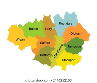 Vector silhouette illustration Greater Manchester map in North West England isolated. United Kingdom. British territory. Administrative division of Great Manchester territory. Infographic colorful map