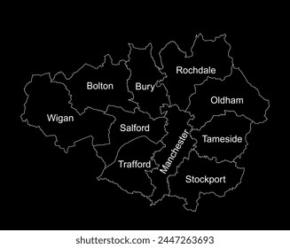 Vector silhouette illustration Greater Manchester map line contour, North West England isolated. United Kingdom British territory. Administrative division Great Manchester territory. Infographic map.