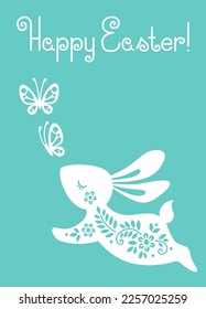 Vector silhouette illustration of hare, bunny jumping and butterfly. Beautiful vertical banner with text message Happy easter