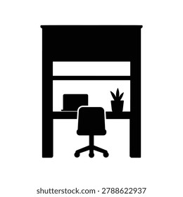Vector silhouette illustration of a home office nook representing compact workspace design and remote work interior, isolated on a white background. Suitable for interior design resources, home office guides, compact workspace graphics, and remote work illustration materials.