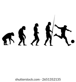 Vector silhouette illustration of human evolution, ending with a modern man playing soccer. A humorous take on evolution from ape to athlete.