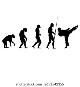 Vector silhouette illustration of human evolution ending with a modern martial artist performing a high kick. A creative and dynamic take on the concept of evolution.