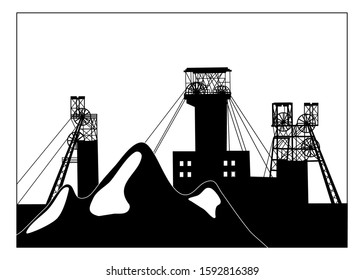 Vector Silhouette Illustration Of Industrial Coal Mining Slag Heaps And Structural Headframes Above Mine Shaft. Metallurgy Concept