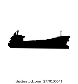 A vector silhouette illustration of a large cargo ship sailing across the ocean at sunset, showcasing its prominent silhouette against the vibrant sky.