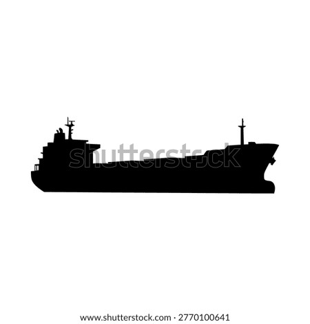 A vector silhouette illustration of a large cargo ship sailing across the ocean at sunset, showcasing its prominent silhouette against the vibrant sky.