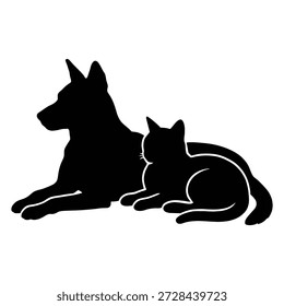 Vector silhouette illustration of a large dog and a cat lying down together in a peaceful pose, isolated on a white background.
