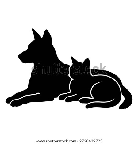 Vector silhouette illustration of a large dog and a cat lying down together in a peaceful pose, isolated on a white background.