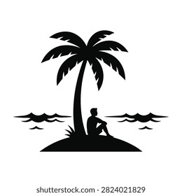 Vector silhouette illustration of a man sitting peacefully alone under a palm tree on a tiny island, surrounded by ocean waves. This image conceptualizes isolation, relaxation, or a tropical getaway.