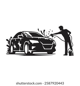 vector silhouette illustration of a man washes and sprays his car