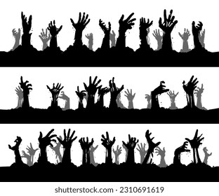 Vector silhouette illustration of many hands of zombie, isolated on whute background, hands reach up