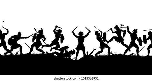 Vector silhouette illustration of a medieval battle scene with figures as separate objects 