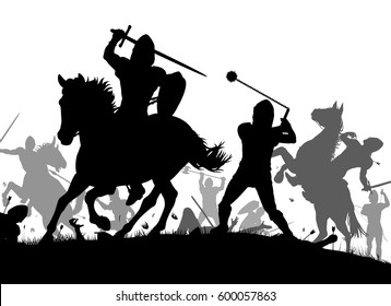Vector Silhouette Illustration Of A Medieval Battle Scene With Cavalry And Infantry 