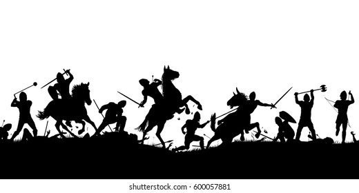 Vektor-Silhouette-Illustration einer mittelalterlichen Kampfszene mit Kavallerie und Infanterie mit Figuren als separate Objekte