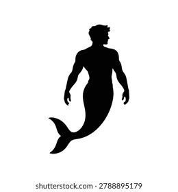 Ilustración de silueta de Vector de un sireno que representa un diseño de personaje masculino de fantasía oceánica mítica, aislado sobre un fondo blanco. Ideal para recursos de diseño de fantasía, guías de mitología marina, gráficos de personajes oceánicos y materiales de ilustración de criaturas míticas.