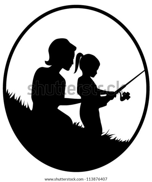 Download Vector Silhouette Illustration Mother Daughter Fishing Stock Vector (Royalty Free) 113876407