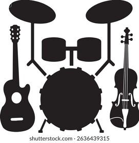 Vector silhouette illustration of musical instruments drum kit guitar and violin