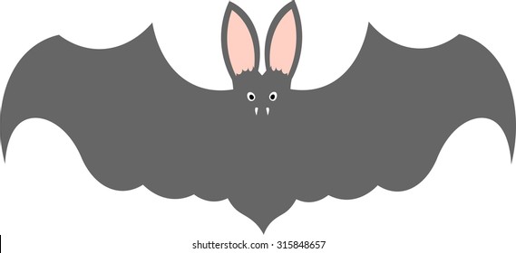 Vector silhouette illustration of one drawn grey color flying bat with big wings pink ears and eyes as halloween holiday symbol on white background