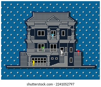 Vector silhouette illustration paper art of white 3 storey classic house with its elements, 4 columns, roof, stairs, a crown, 7 windows, 4 doors, balustrade,  people and stars on blue background.