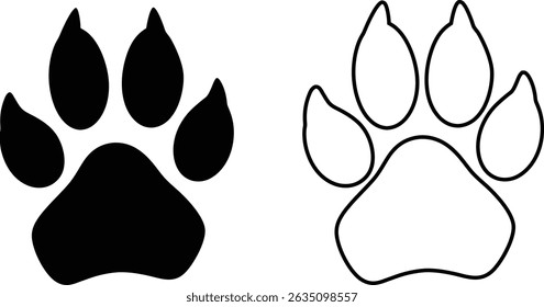 Vector silhouette illustration of a paw print. Includes both a solid fill and an outline version. Perfect for designs related to animals, pets, wildlife, and nature.