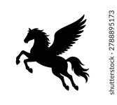 Vector silhouette illustration of Pegasus representing a mythical flying horse in fantasy and Greek mythology design, isolated on a white background. Perfect for fantasy design resources, Pegasus mythology guides, winged horse graphics, and mythical creature illustration materials.