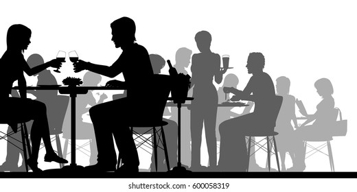 Vektorsilhouette Illustration von Leuten, die in einem belebten Restaurant mit allen Figuren als separate Objekte essen 