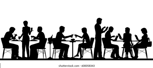 Vector silhouette illustration of people dining in a busy restaurant with all figures as separate objects 