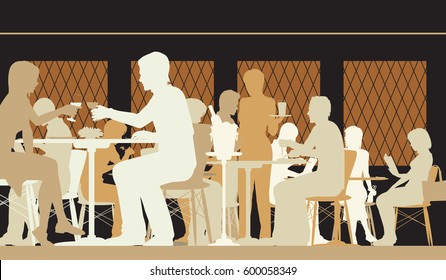 Vector Silhouette Illustration Of People Dining In A Busy Restaurant With All Figures As Separate Objects 