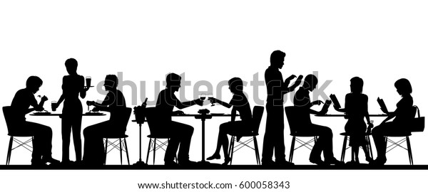 人通りの多いレストランで食事をする人々のベクターシルエットイラスト すべての人物が別々の物として描かれています のベクター画像素材 ロイヤリティフリー 600058343