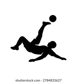 Vector silhouette illustration of a player performing a spectacular bicycle kick in football, isolated on a white background. Perfect for football design resources, spectacular skill guides, goal-scoring graphics, and athletic performance illustration materials.