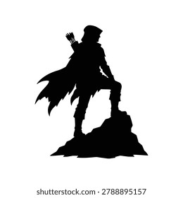 Vector silhouette illustration of a ranger scout representing a wilderness adventure hero character for fantasy and RPG design, isolated on a white background. Suitable for fantasy game design resources, ranger character guides, adventure hero graphics, and wilderness explorer illustration materials.