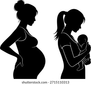 Ilustración de la silueta del Vector que muestra las etapas de la maternidad: una mujer embarazada y una nueva madre acunando a su bebé. Aislado en blanco.