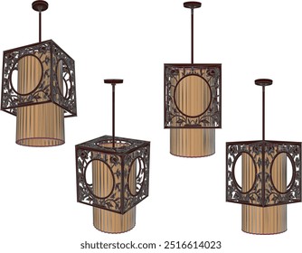 Vector silhouette illustration sketch of Chinese and Japanese traditional vintage ethnic decorative chandelier design