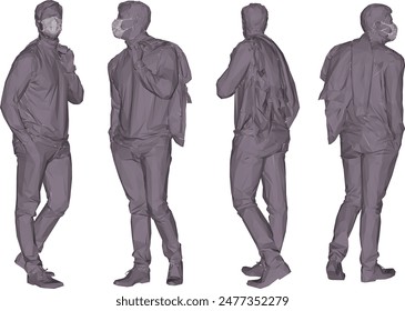 Vector silhouette illustration sketch design drawing of young teenager in fashion stylist wearing a mask to avoid the virus while walking down the street