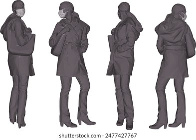 Vector silhouette illustration sketch design image of young executive office worker female employee wearing bag and mask to avoid virus