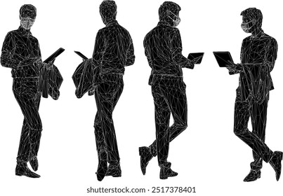 Vector silhouette illustration sketch design image of young executive office worker employee wearing mask to avoid virus