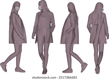 Vector silhouette illustration sketch design drawing of young executive office worker female employee wearing mask to avoid virus