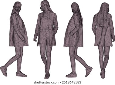 Vector silhouette illustration sketch design drawing of young executive office worker female employee wearing mask to avoid virus 
