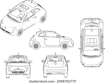Boceto de la ilustración de la silueta del Vector del diseño detallado de un mini coche de ciudad para una familia Pequeña