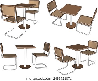 Vector silhouette illustration sketch of detailed design of modern wooden table and chairs for living room interior