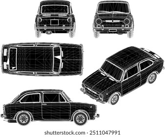 Vector silhouette illustration sketch of a detailed design of an old classic vintage mini car for a small family in urban areas