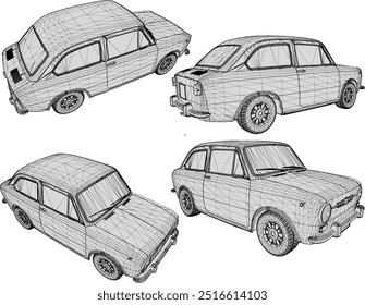 Vector silhouette illustration sketch of a detailed design of an old classic vintage mini car for a small family in urban areas