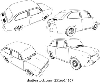 Vector silhouette illustration sketch of a detailed design of an old classic vintage mini car for a small family in urban areas