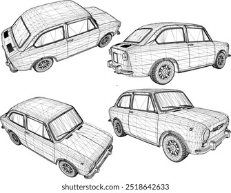 Vector silhouette illustration sketch of a detailed design of an old classic vintage mini car for a small family in urban areas